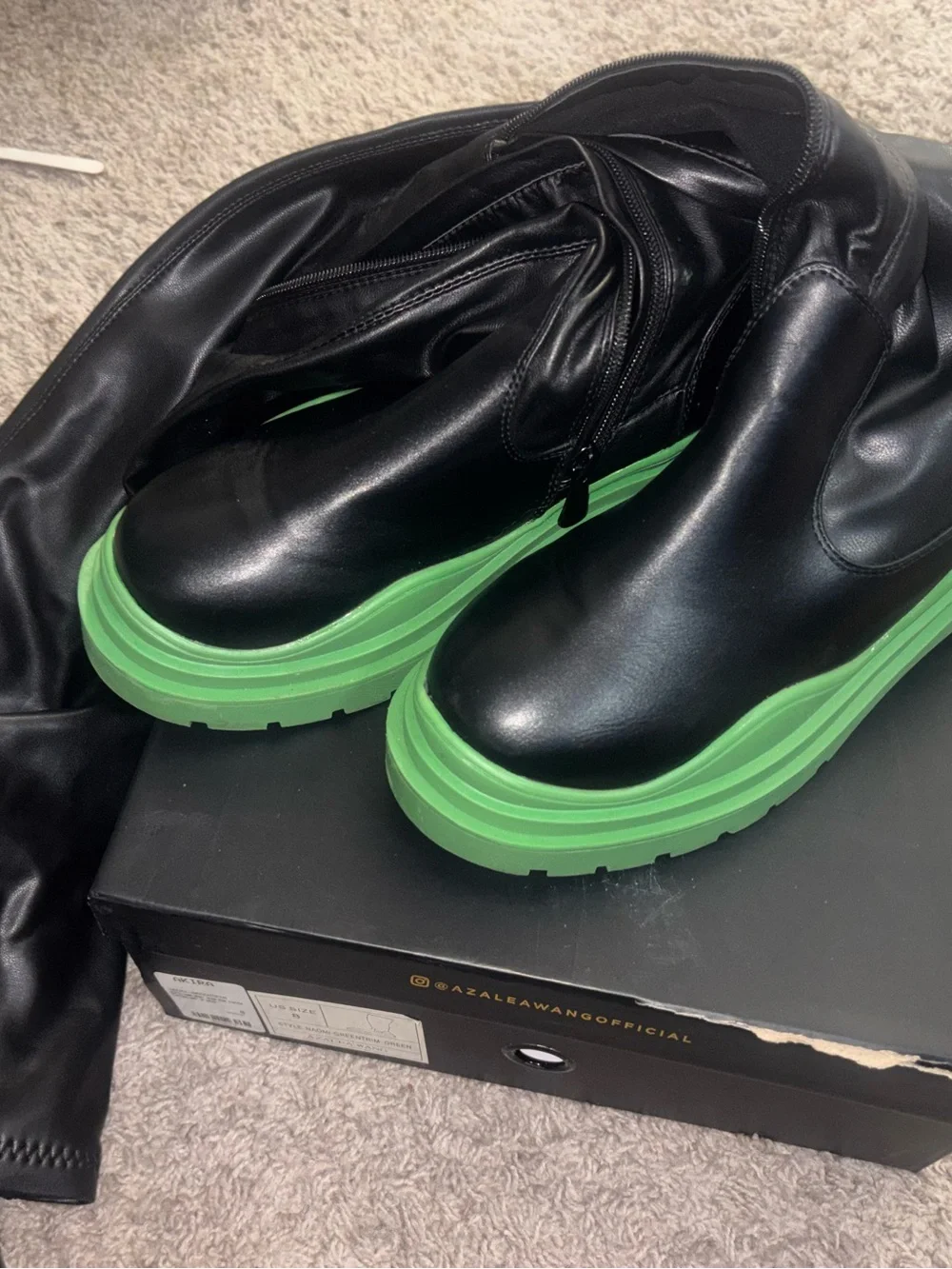 Womens  Black Leather Boots with Green Sole